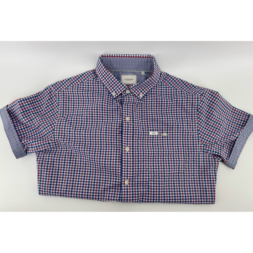7 Diamonds Men's Short Sleeve Button Up Shirt Size S Blue Red Check Print